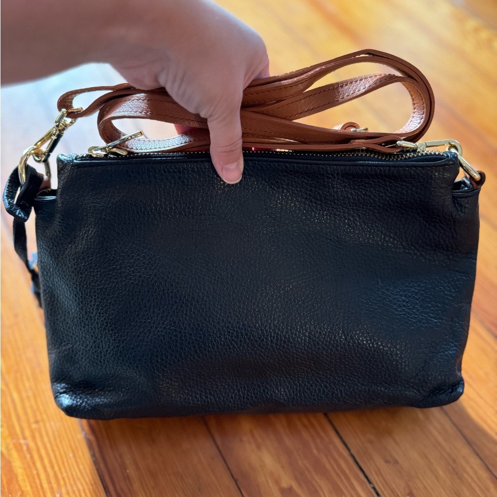 Valentina Black/Tan Pebbled Leather Shoulder Bag Purse Crossbody